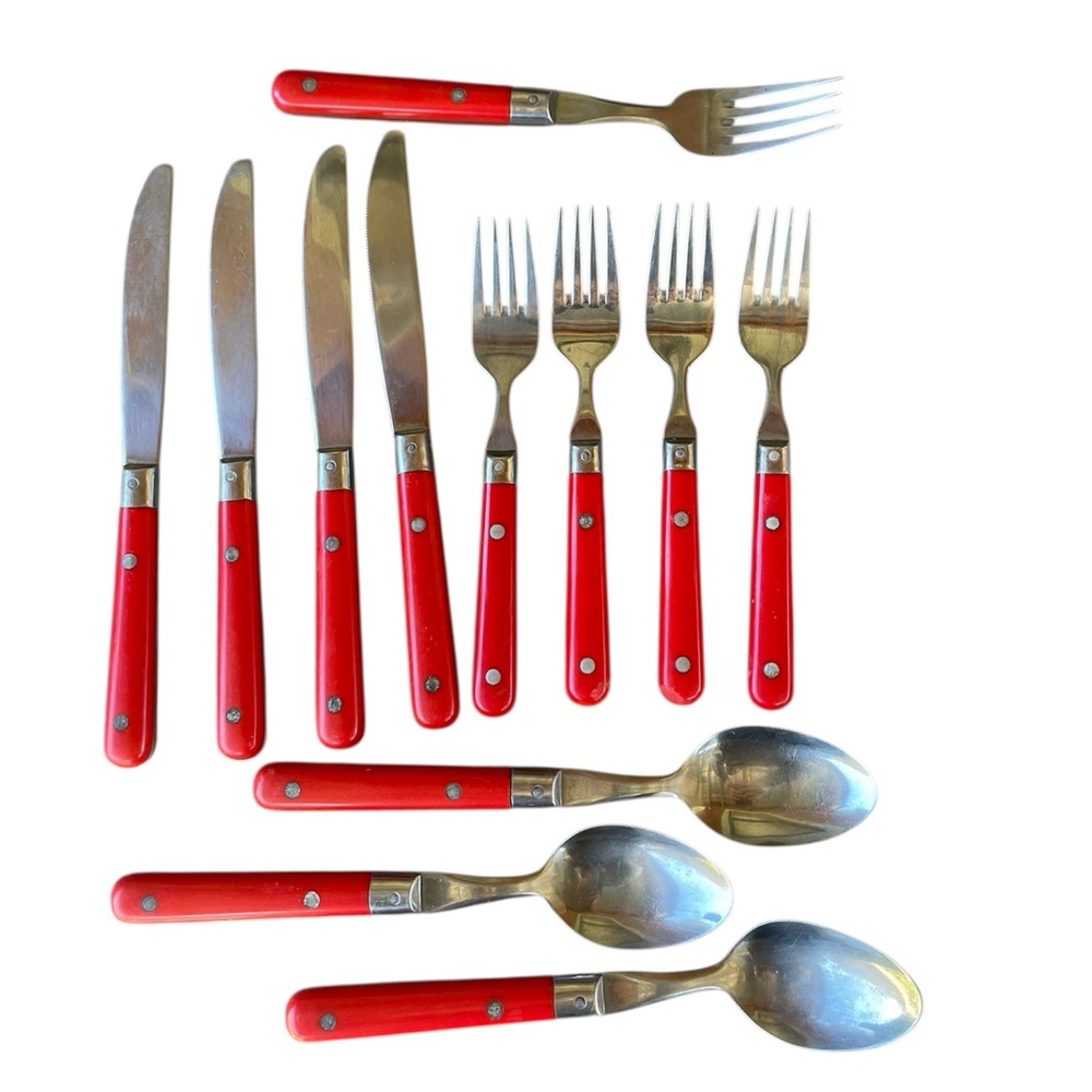 12 Vintage Wesley Carnival Flatware Set Stainless Steel Knives Forks Spoons Red